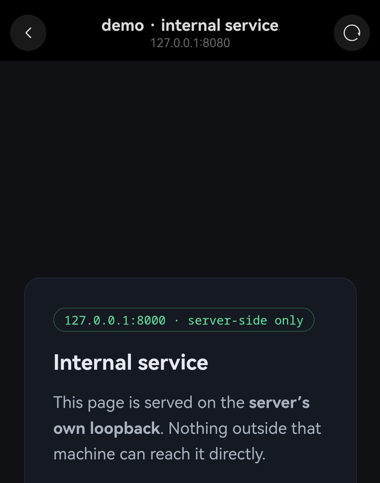 内置浏览器打开了一个标题为 Internal service 的页面，它由服务器自己的回环地址提供，地址栏显示 127.0.0.1:8080。