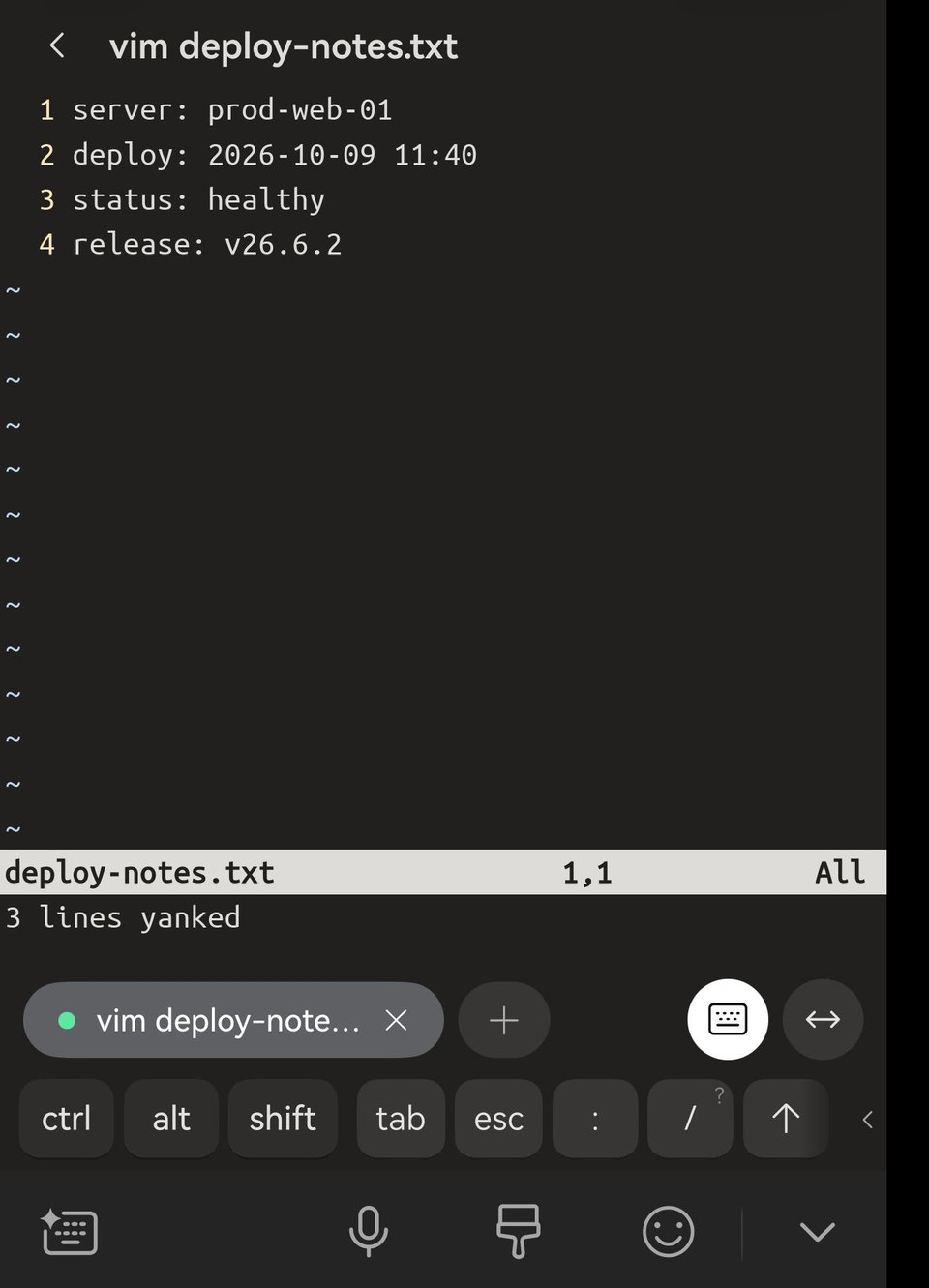 vim showing deploy-notes.txt in Term on a phone after V, j, j and y: vim reports 3 lines yanked, and the HarmonyOS keyboard shows no From clipboard row.
