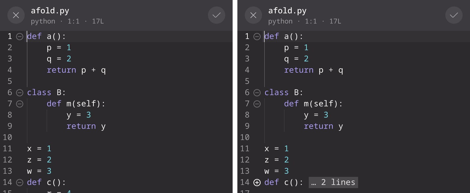 编辑器里的 Python 文件，两张图：每个 def 和 class 行的行号栏里都有带圆圈的减号；点了第 14 行之后，def c(): 折叠起来，后面是 … 2 lines 标签，标记变成带圆圈的加号。