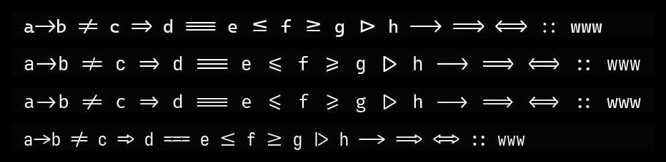 同一行运算符在四个字体里各占一行：Cascadia Code、JetBrains Mono、Fira Code、Iosevka Term。