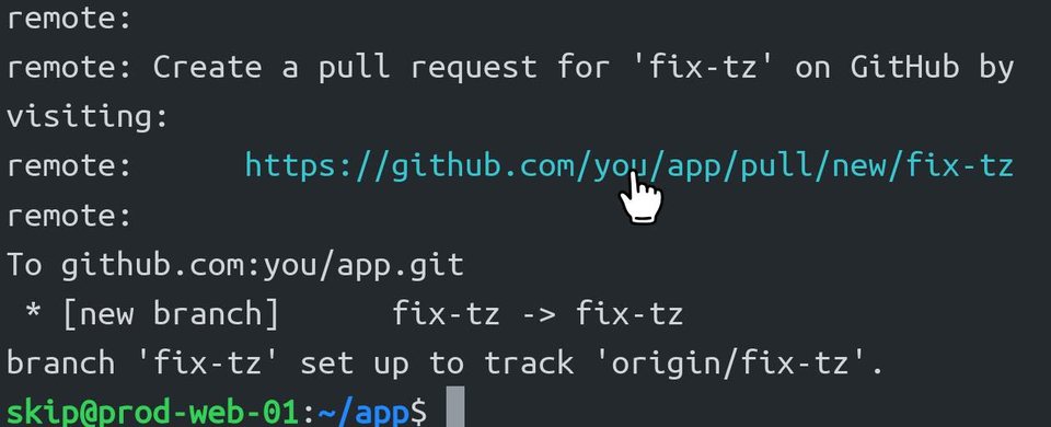 Term 中 git push 的输出，指针停在拉取请求链接 https://github.com/you/app/pull/new/fix-tz 上，显示为手形。