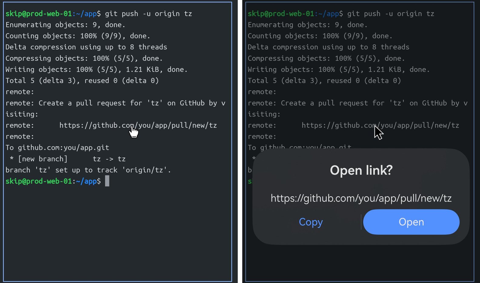 herdr 窗格的两个画面：按住 Ctrl 时指针在拉取请求链接上显示为手形；Ctrl+点击后，Term 的打开链接对话框显示地址以及复制和打开按钮。