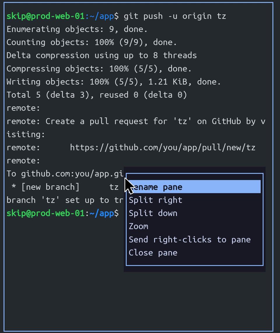 在 git push 输出上用右键打开的 herdr 窗格菜单：Rename pane、Split right、Split down、Zoom、Send right-clicks to pane、Close pane。