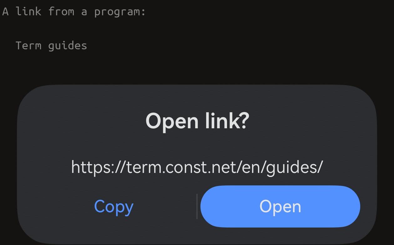 A link printed by a program over termosh; tapping it shows Open link? with the address and Copy and Open buttons.