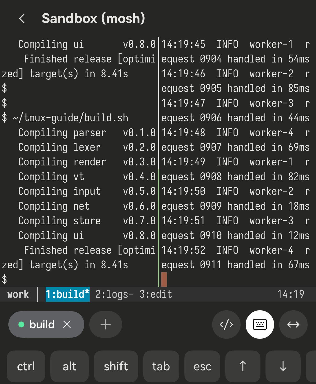 通过 mosh 连上的一个真实 tmux 会话，下面却是普通的 shell 按键栏，不是 tmux 那一套。