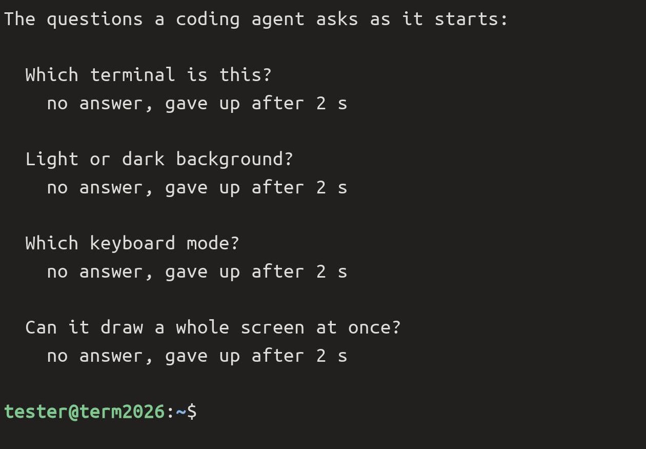 The four startup questions over ordinary mosh, each with 'no answer, gave up after 2 s'.