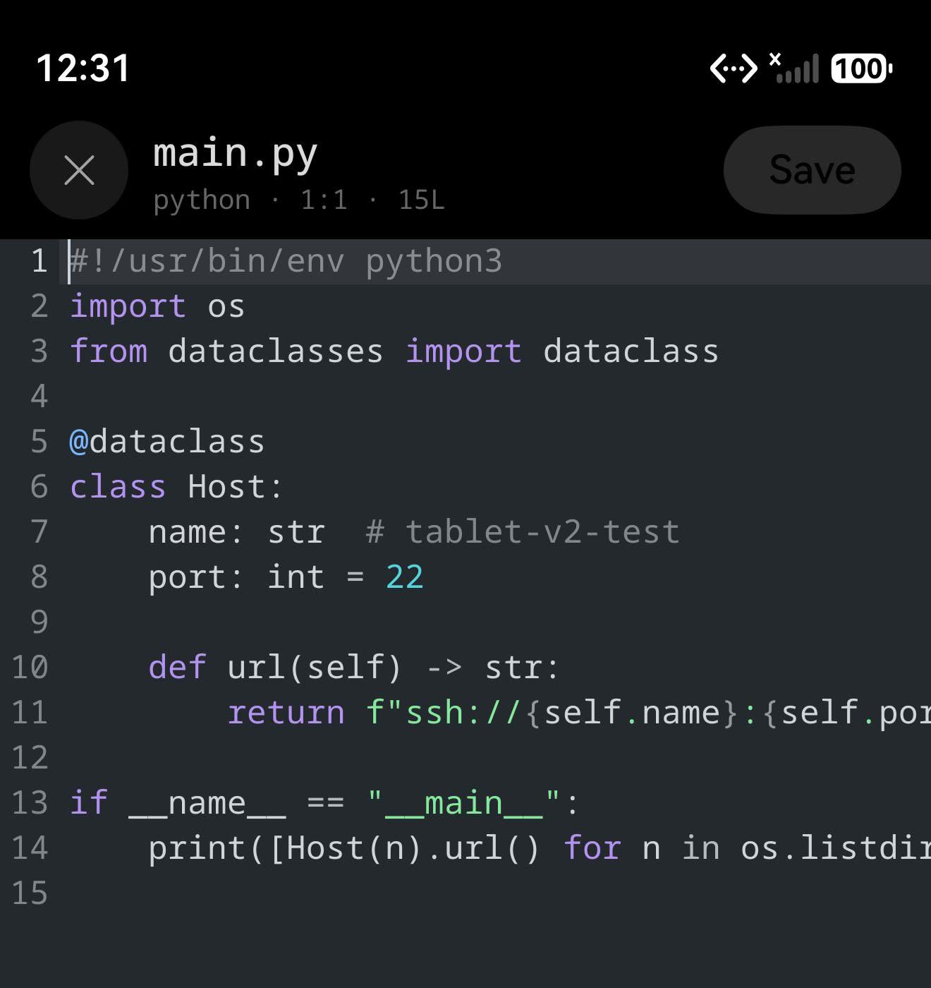 编辑器里打开的一个 Python 文件，带语法配色、行号，状态行显示 python · 1:1 · 15L