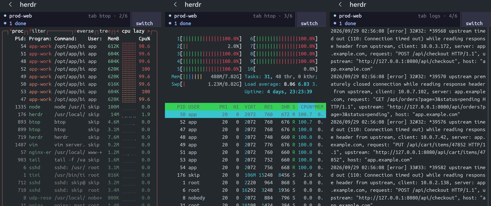 并排的三个 herdr 标签页：btop 列出满负载的进程，htop 显示 CPU 条，以及 nginx 错误日志的实时输出。