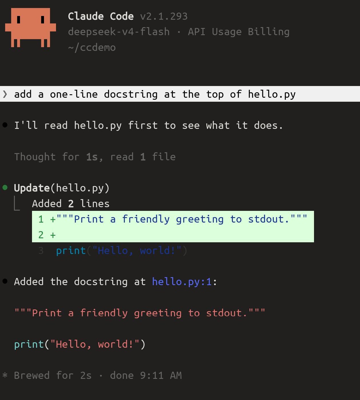 Claude Code over ordinary mosh after switching Term from light to dark: the prompt bar is still white, the added lines sit in a pale green box, and the line of code below them is dark blue on a near-black background.
