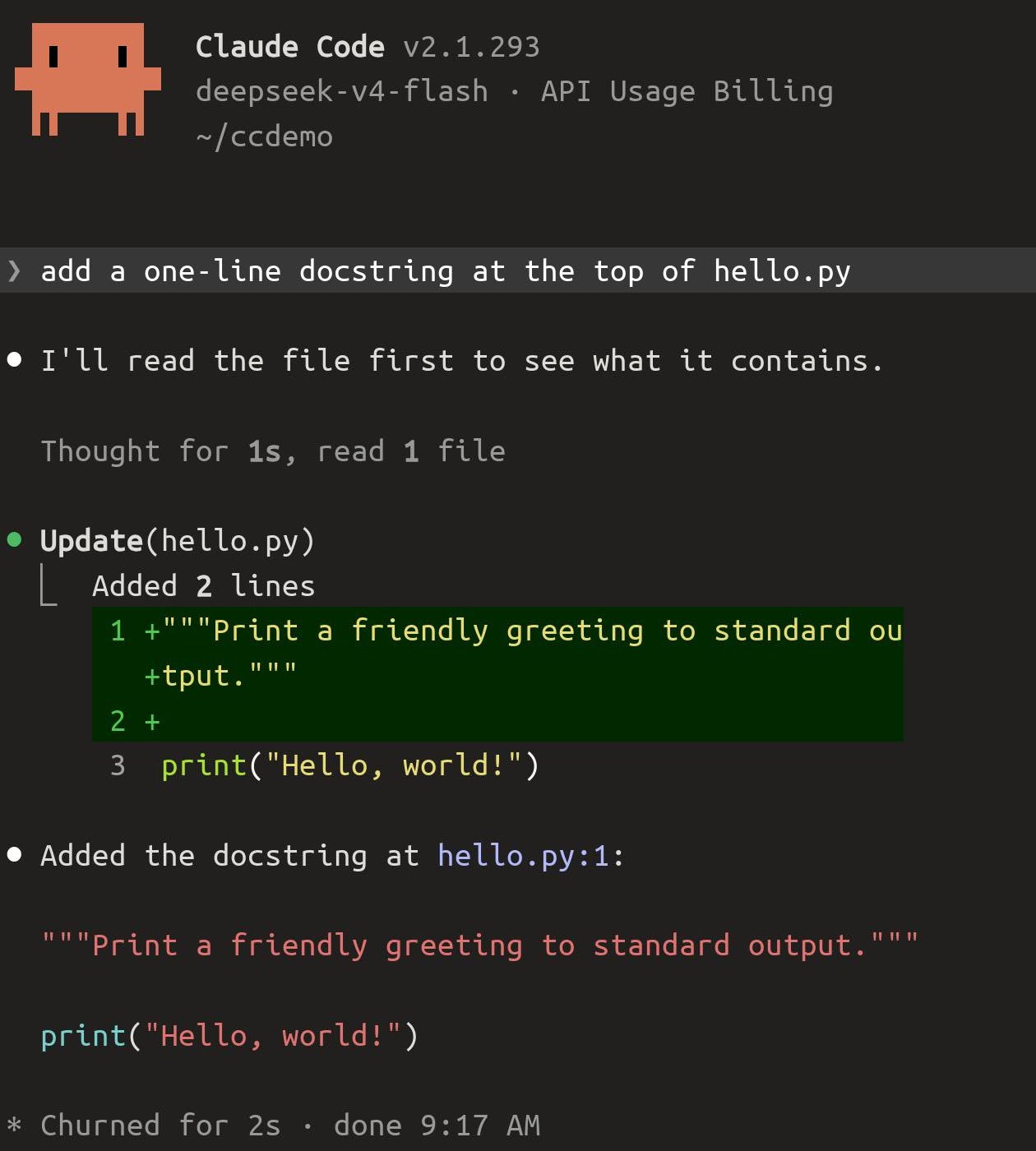 The same task over termosh after the same switch: a dark prompt bar, the added lines on dark green, and the code in bright, readable colours.