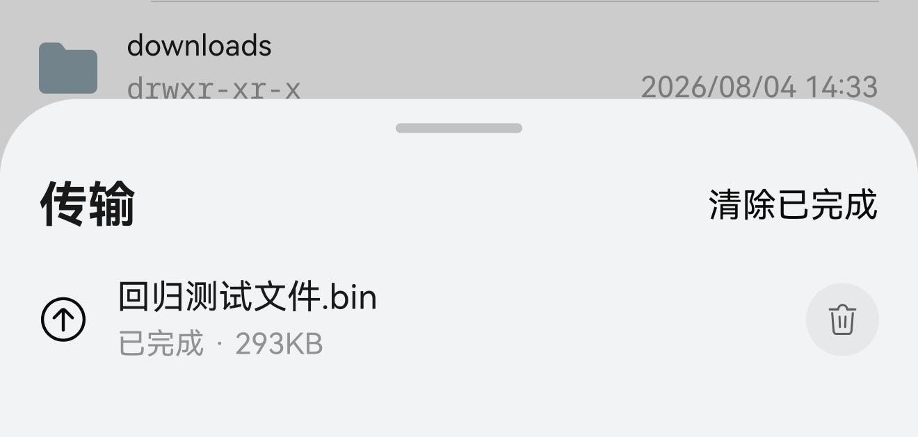 「传输」面板：一条已完成的上传，文件名是「回归测试文件.bin」，副标题「已完成 · 293KB」，右侧一个删除按钮，右上角是「清除已完成」。