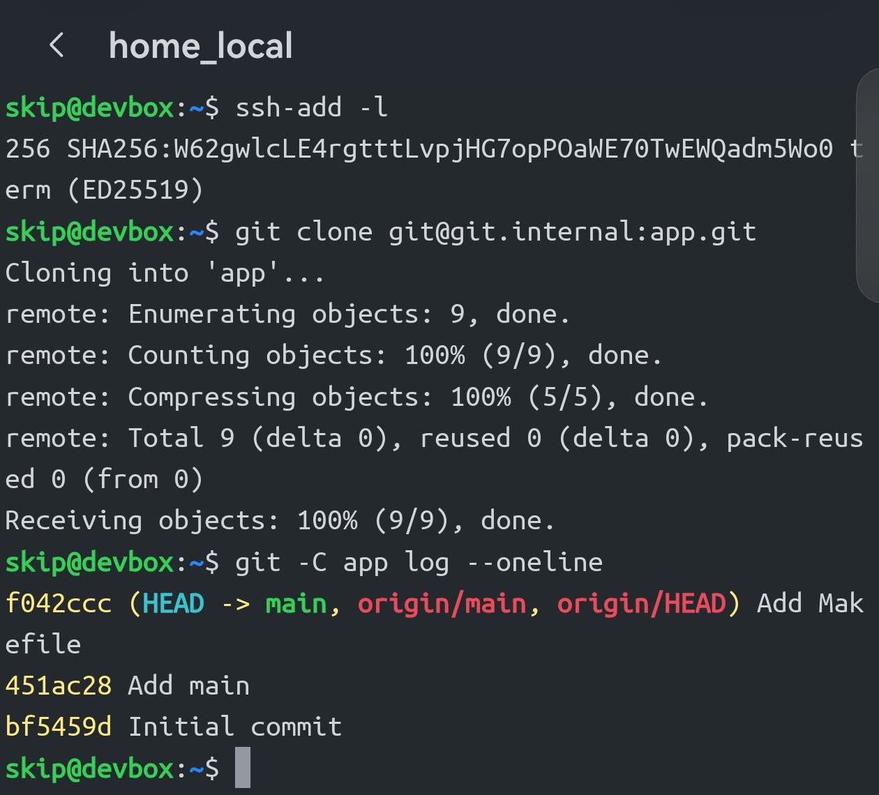 同一个终端。ssh-add -l 现在列出一把 ED25519 密钥，git clone 成功接收对象，git log --oneline 显示三次提交。