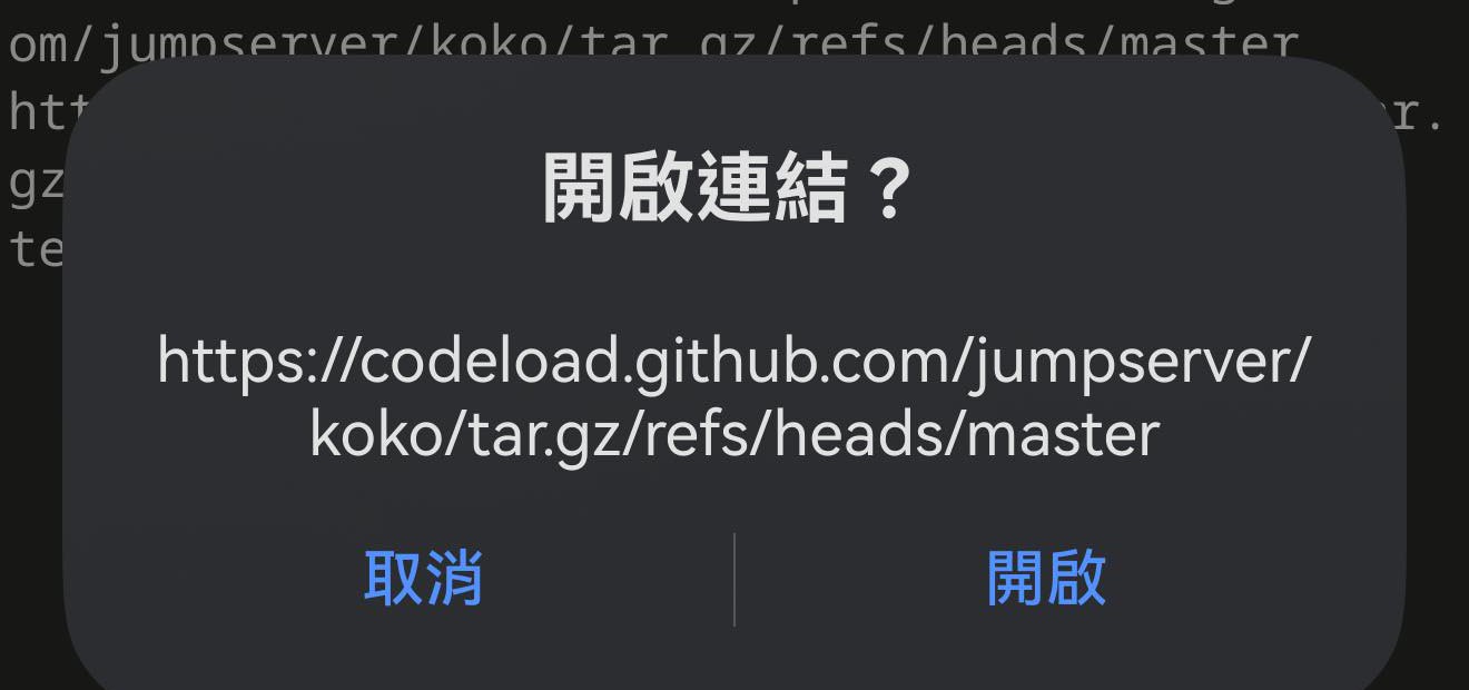 确认对话框显示一个在终端里被拆成两行的完整网址