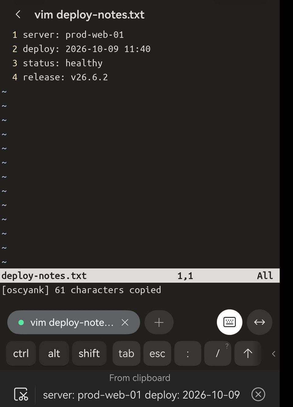 vim in Term on a phone after V, j, j and y with vim-oscyank: vim reports [oscyank] 61 characters copied, and the HarmonyOS keyboard offers server: prod-web-01 deploy: 2026-10-09 under From clipboard.