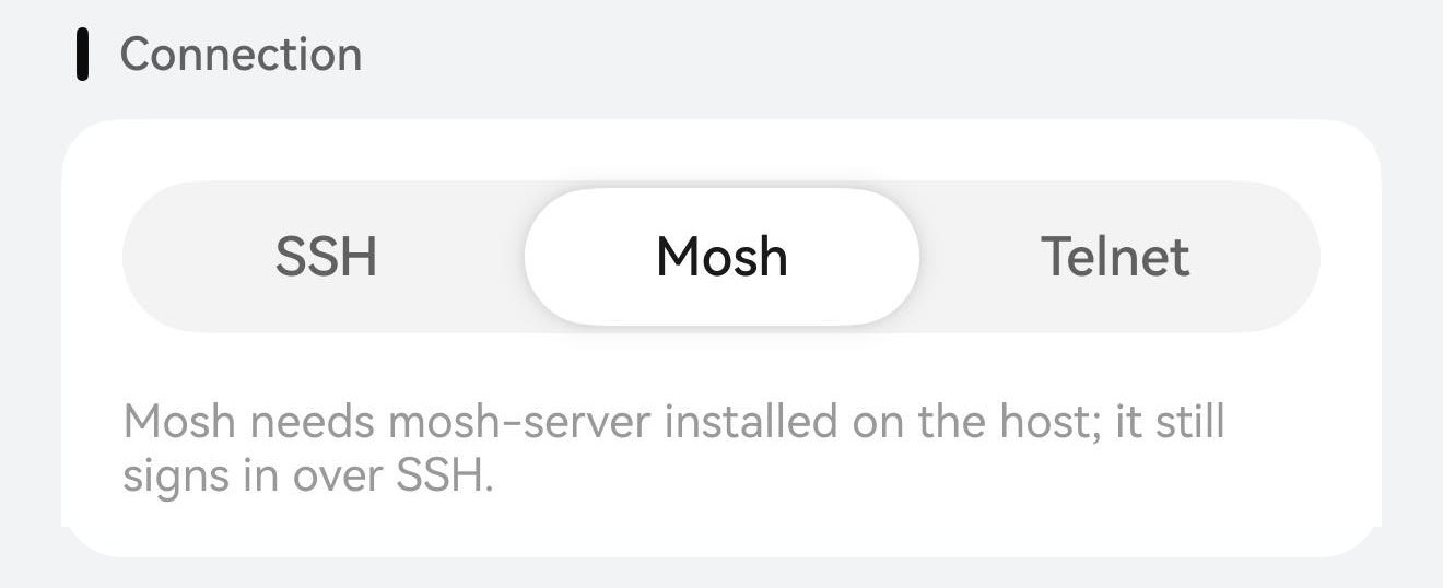 The Connection card in the host editor, with the SSH / Mosh / Telnet segmented control set to Mosh.