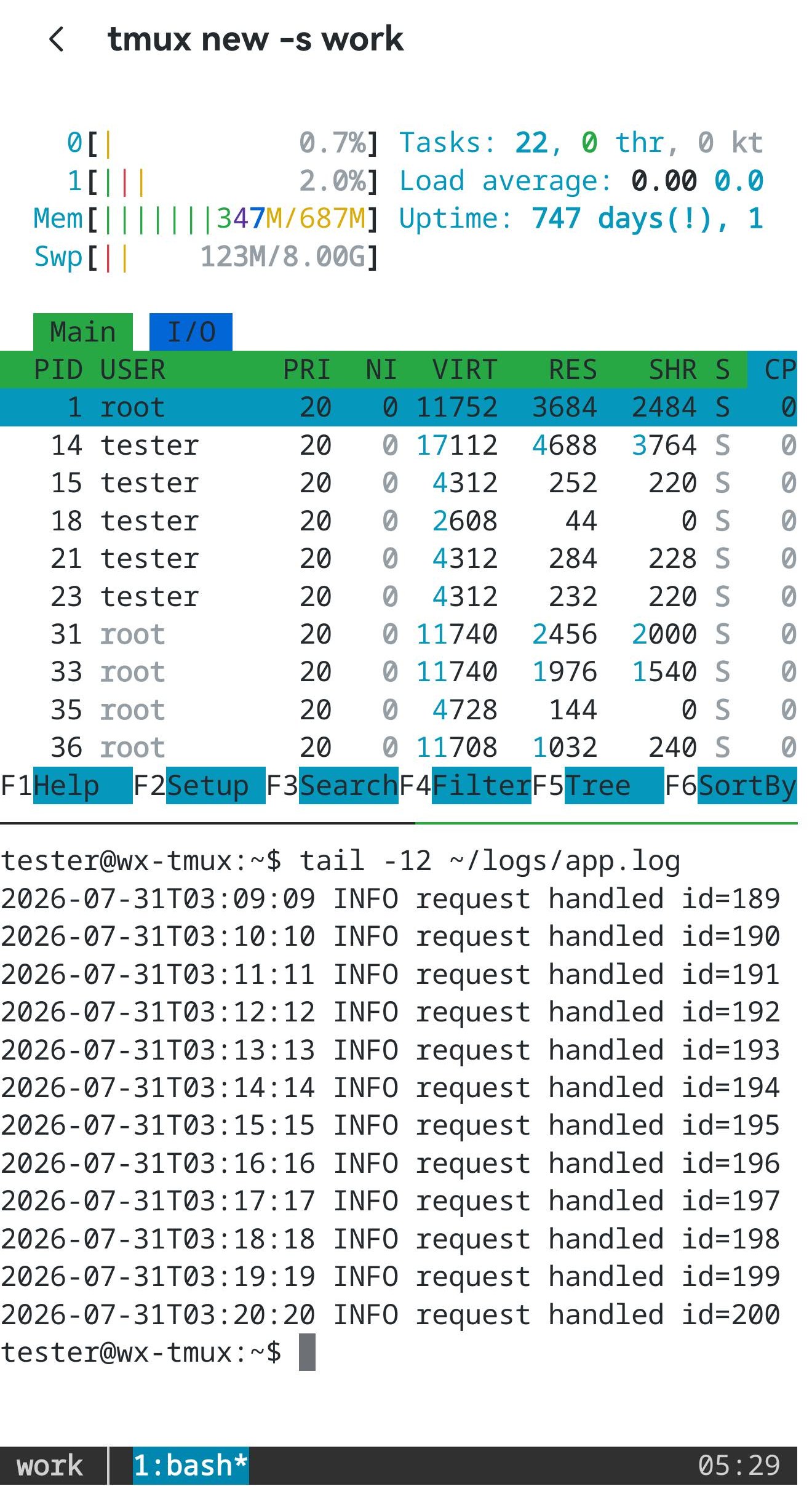 A tmux session split into two stacked panes: htop running above, a tail of a log file below, and tmux’s own status bar along the bottom.