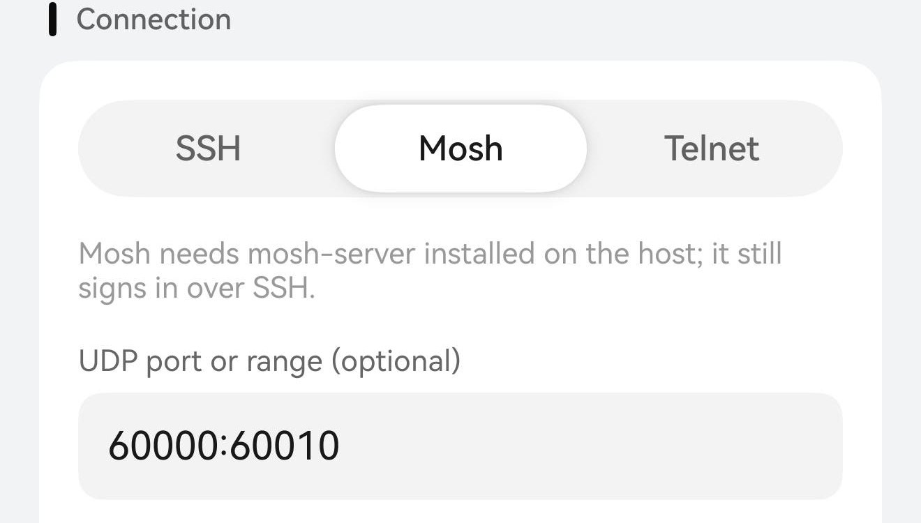 主機編輯頁的「連線方式」卡片：SSH / Mosh / Telnet 之中選了 Mosh，下面是填了 60000:60010 的「UDP 連接埠或範圍（選填）」。