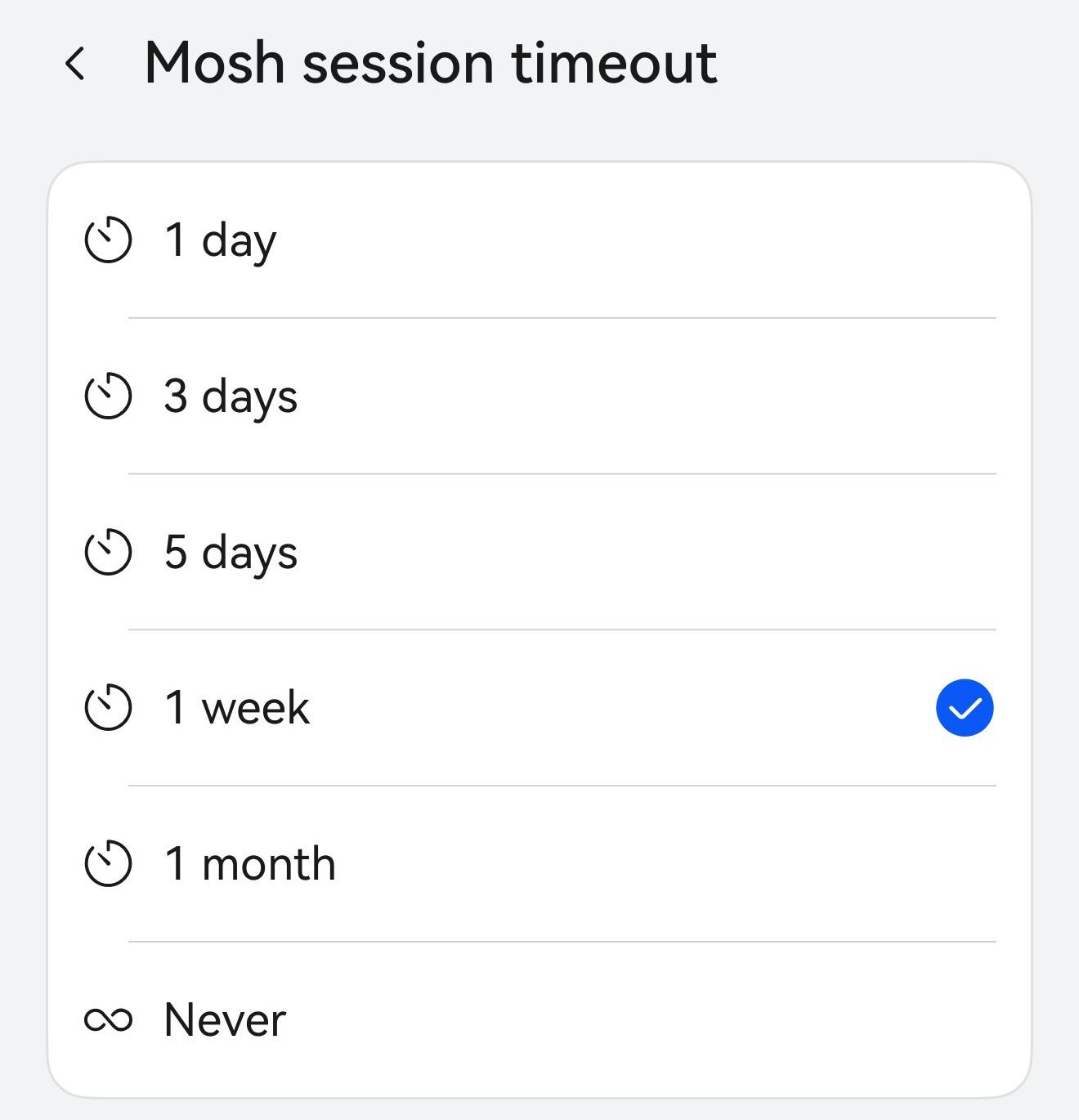「Mosh 工作階段逾時」選擇頁：1 天、3 天、5 天、1 週（已選）、1 個月、永不。